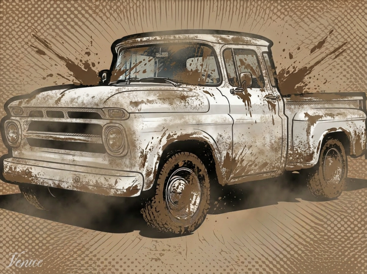 Same pickup truck, mud-caked — before